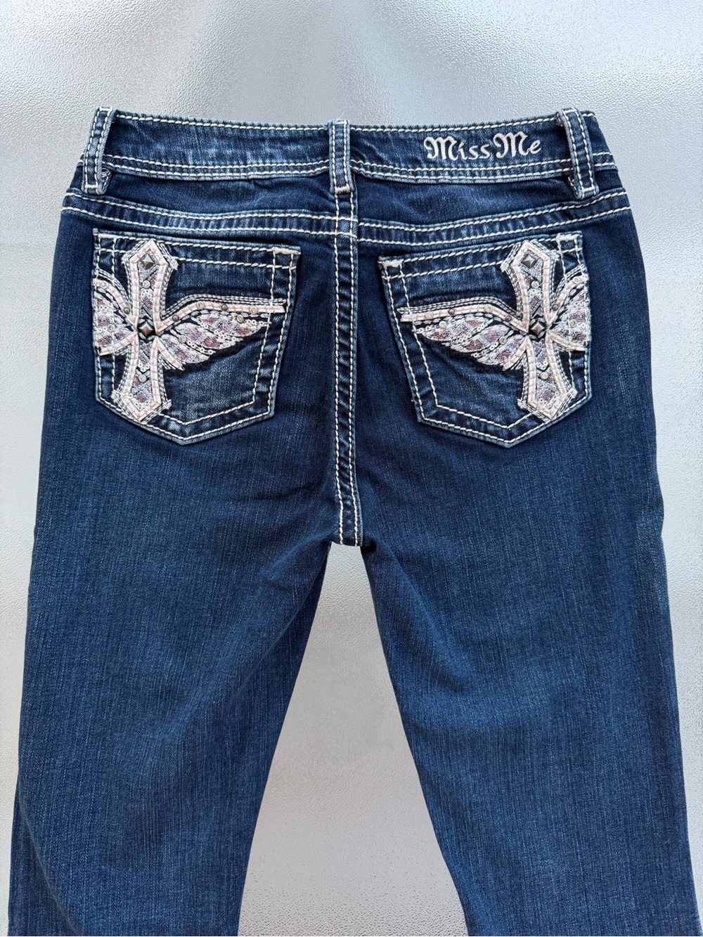 Miss Me Girls Cross and Wing Dark Blue Wash Boot Cut Stretch Bling Jeans ~ 14